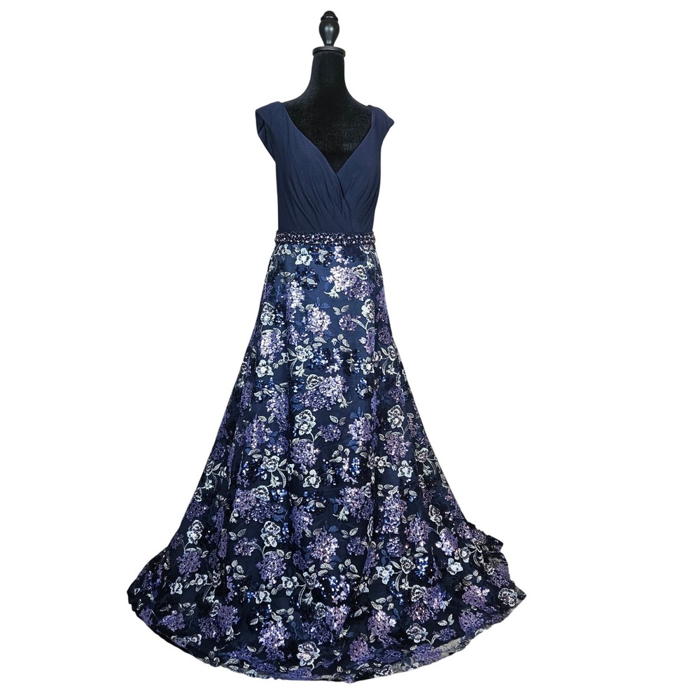 Mac Duggal 67764 16W Midnight Blue Beaded Floral Evening Gown New With Tags